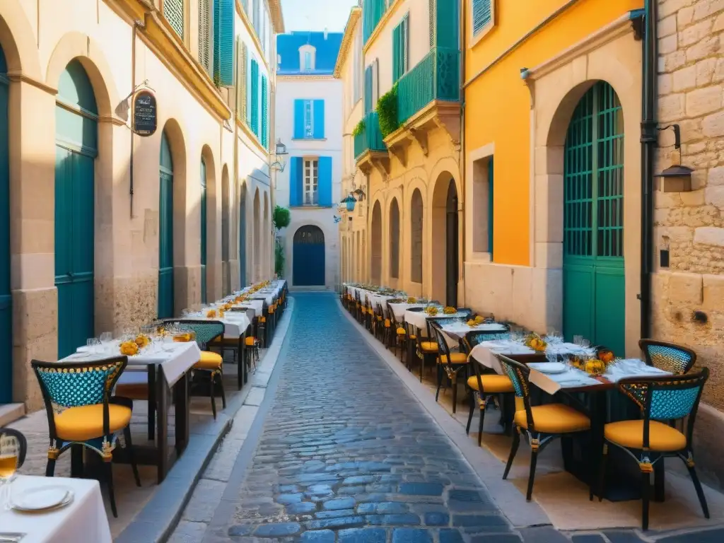 Alleyway con bistrós ocultos en Montpellier, gastronomía al atardecer