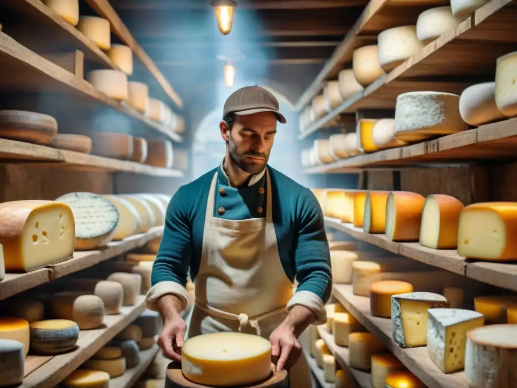 En el almacén de queso francés del siglo XIX se aprecian quesos envejecidos en estantes de madera, con luz suave que realza sus texturas y colores