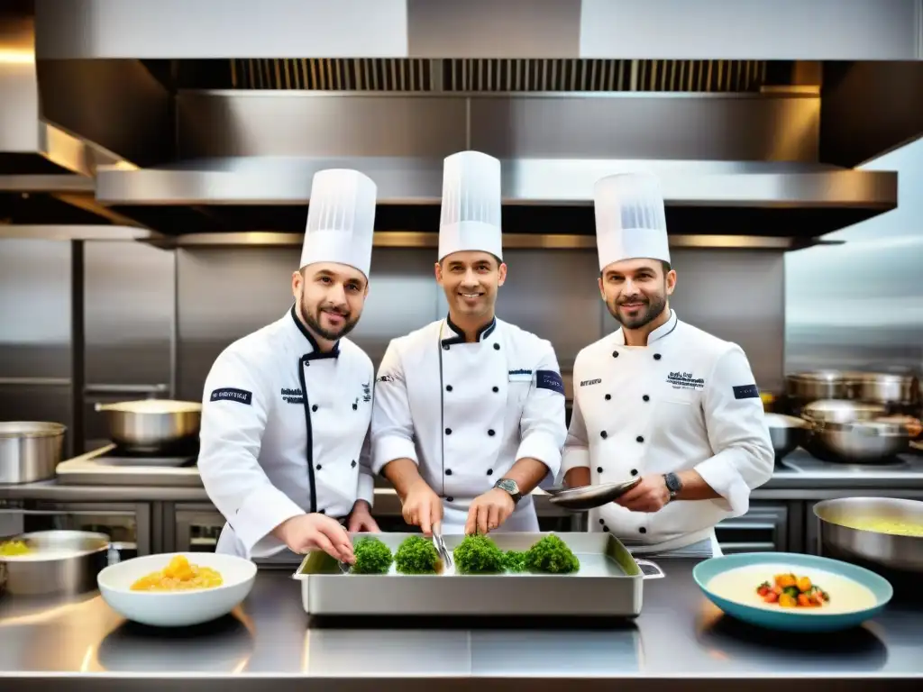 Alumnos de escuelas de cocina en Francia preparando exquisitos platos franceses en una cocina moderna y bulliciosa