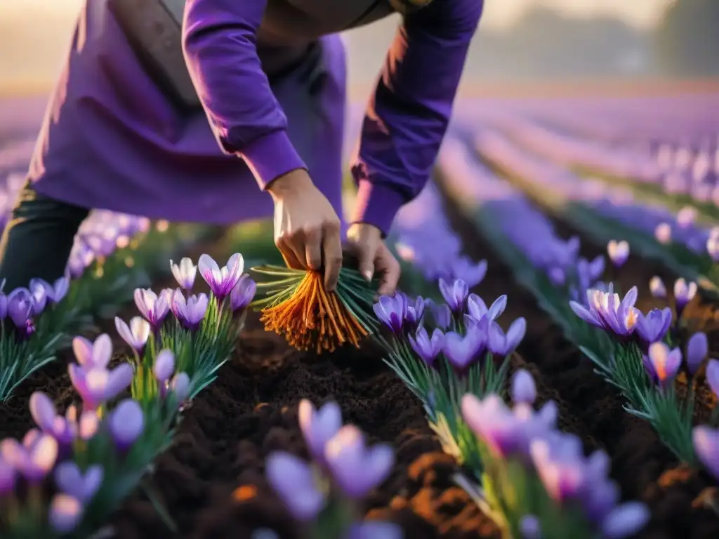 Un amanecer en un campo de azafrán francés, con trabajadores cosechando cuidadosamente flores moradas