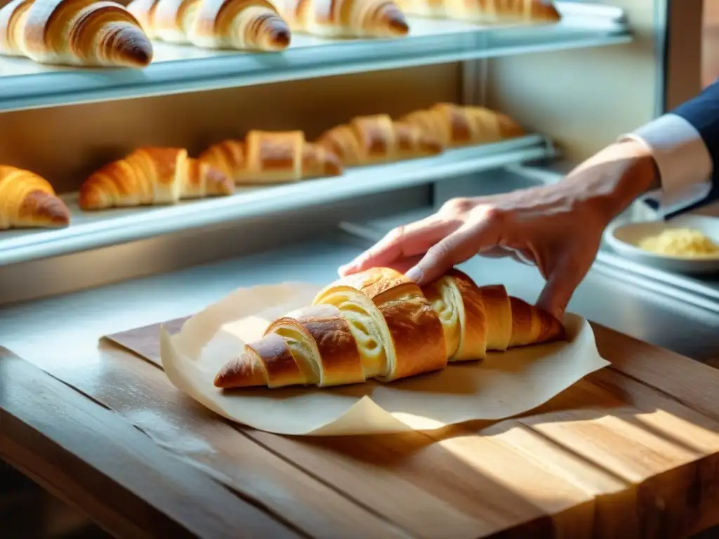 El amanecer ilumina la dedicación del panadero francés al hacer croissants en su panadería tradicional