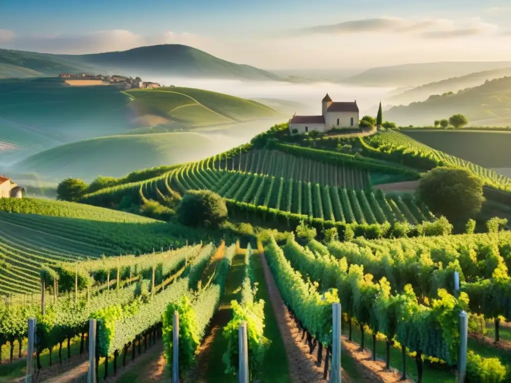 Un amanecer dorado en Côte de Nuits, Borgoña: viñedos verdes, racimos de uva brillantes y neblina matutina