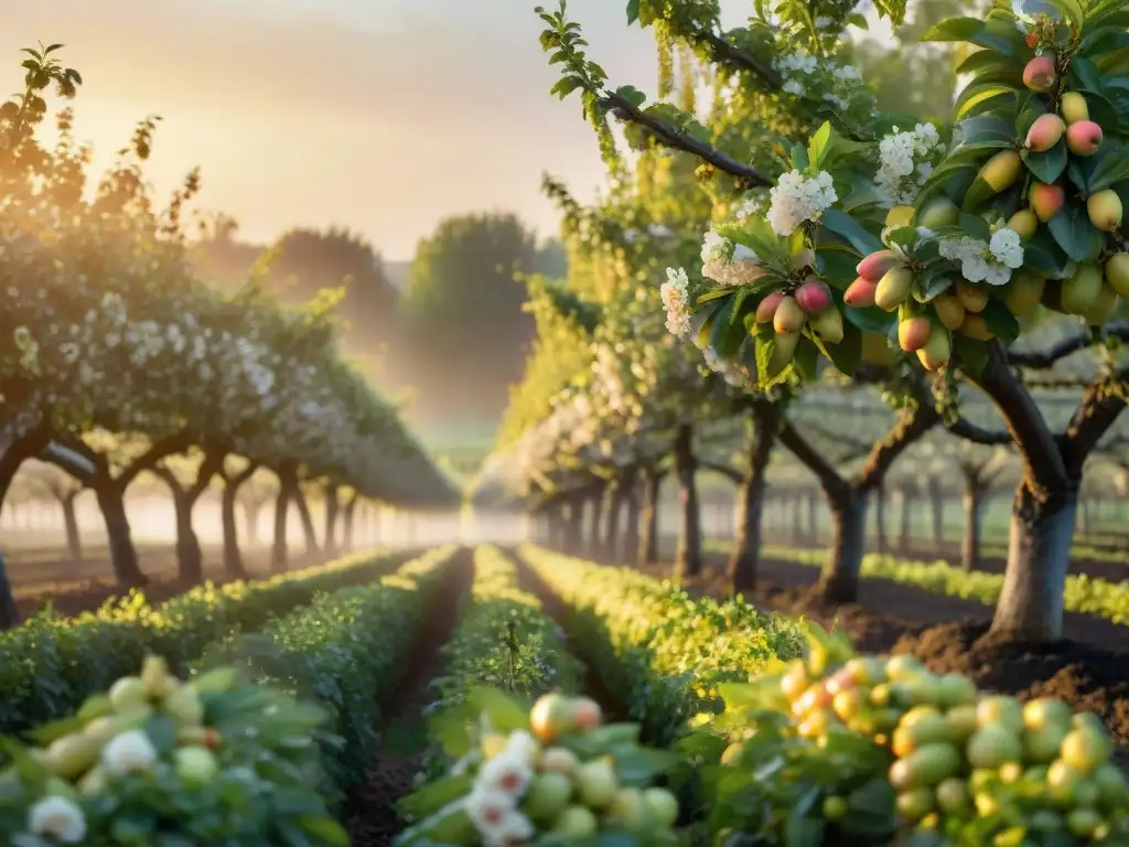 Un amanecer dorado en un huerto francés con manzanos y perales repletos de frutas