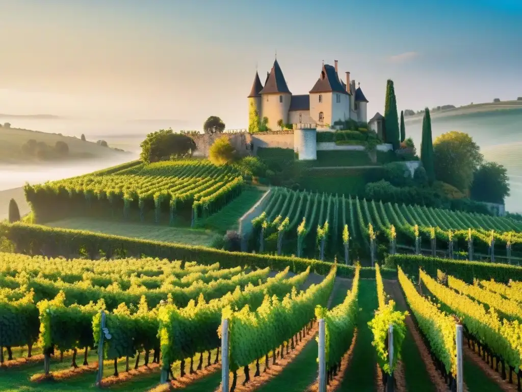 Un amanecer dorado en un viñedo sereno en la campiña francesa, evocando la historia y elegancia del vino francés, literatura y gastronomía