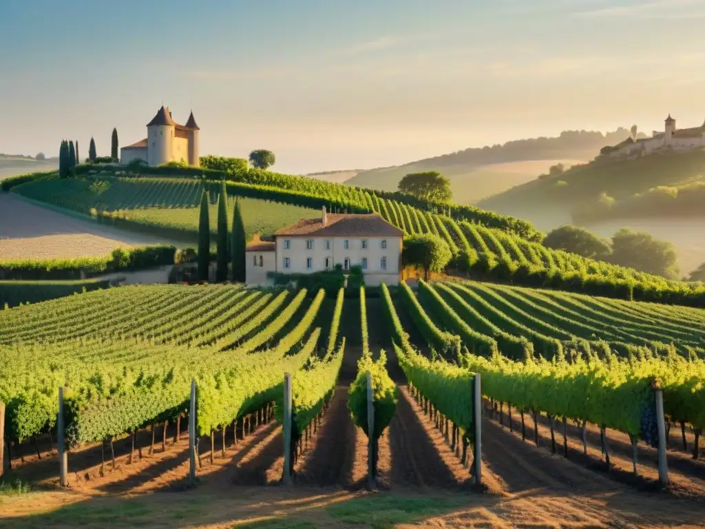 Un amanecer dorado en un viñedo francés con trabajadores y un château al fondo