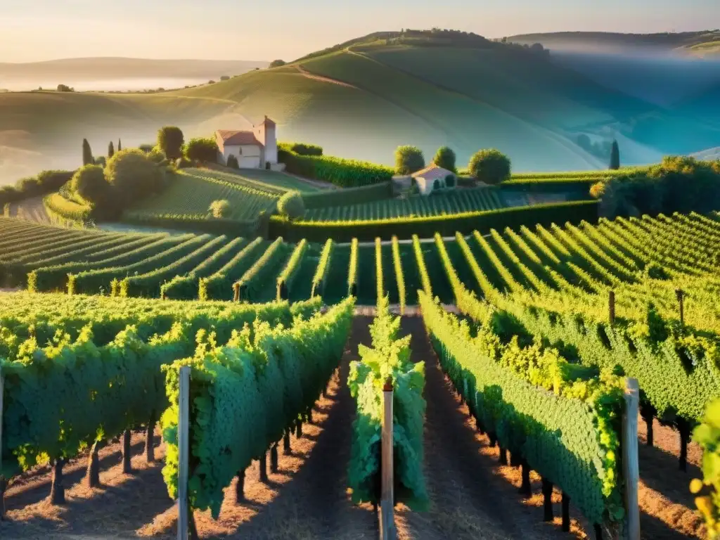 Un amanecer dorado en viñedo francés con uvas maduras