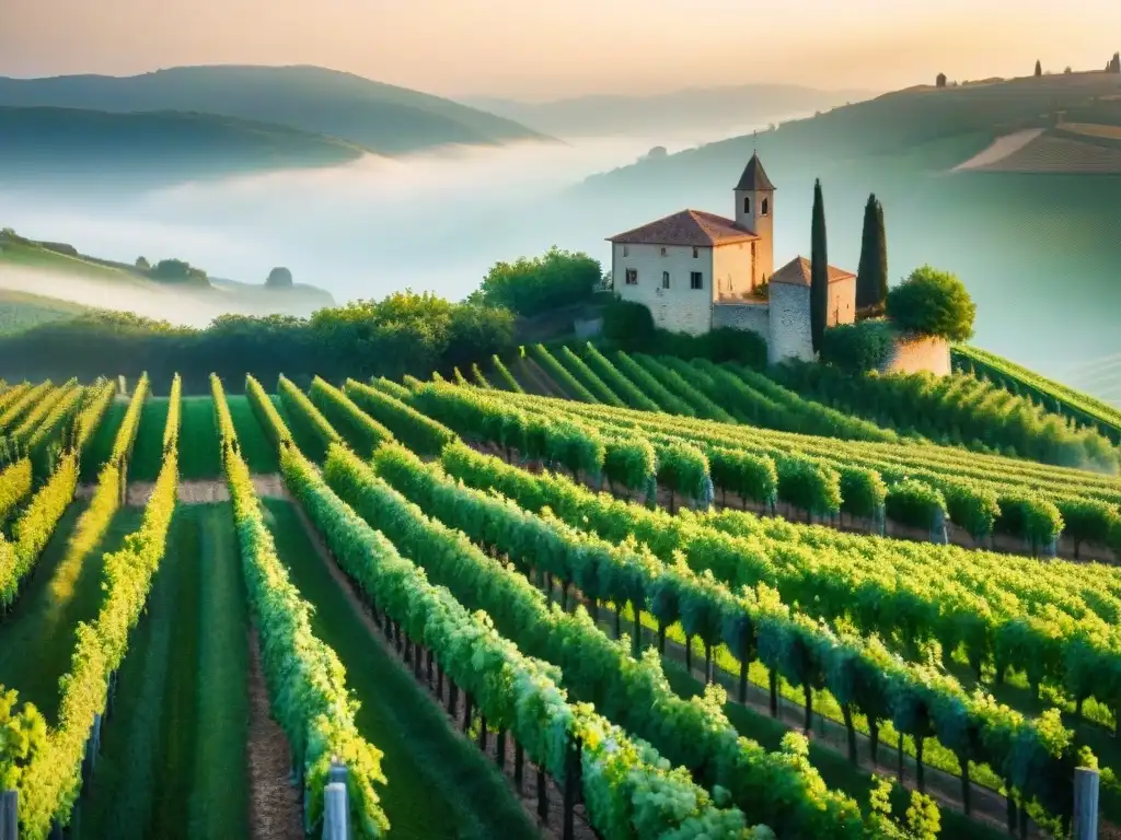 Un amanecer dorado sobre los viñedos de Borgoña, con chateaus de piedra y pueblos pintorescos al fondo