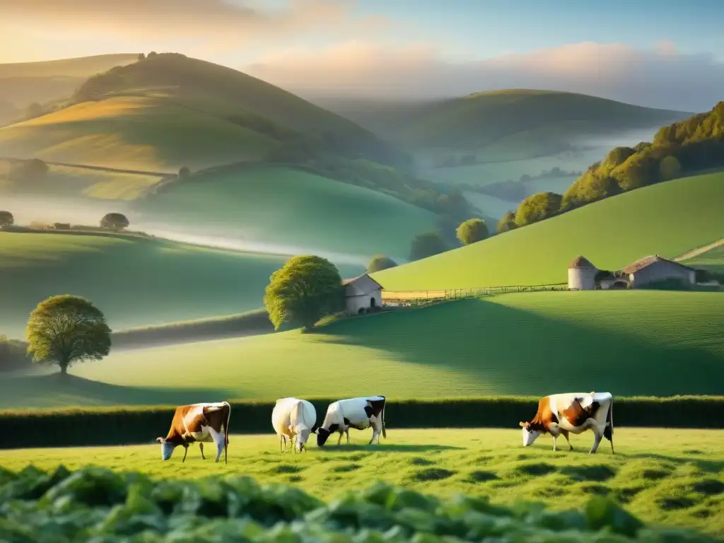 Un amanecer en una granja lechera francesa, donde vacas pastan felices en praderas verdes con colinas de fondo