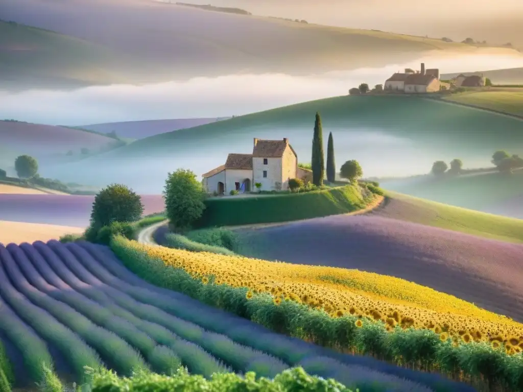 Un amanecer mágico en la campiña francesa, con campos de lavanda y girasoles