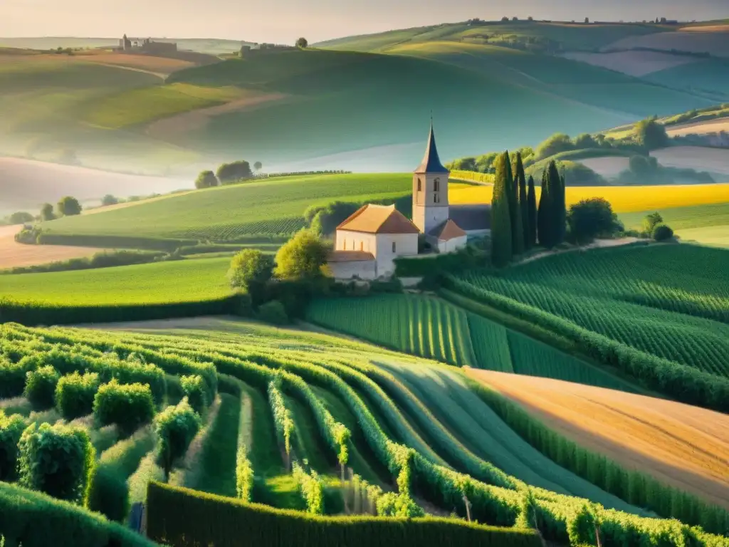 Un amanecer mágico en la campiña francesa con viñedos verdes y campos dorados, resaltando la herencia agrícola francesa sostenible