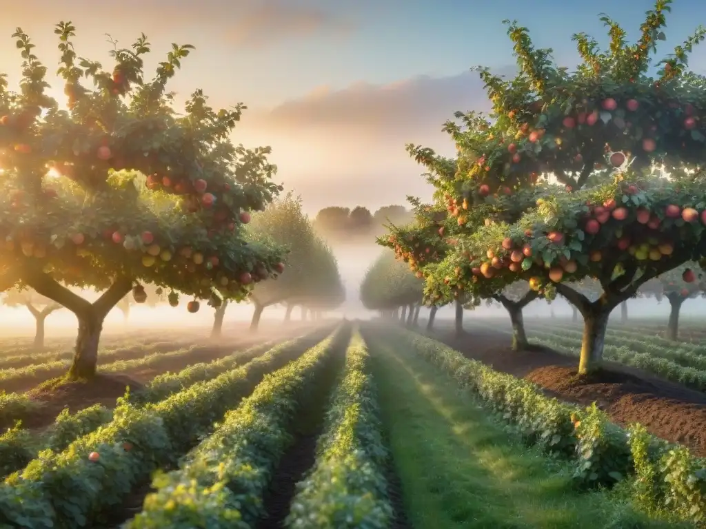 Un amanecer mágico en un huerto de manzanas en Normandía, donde se destila el Calvados