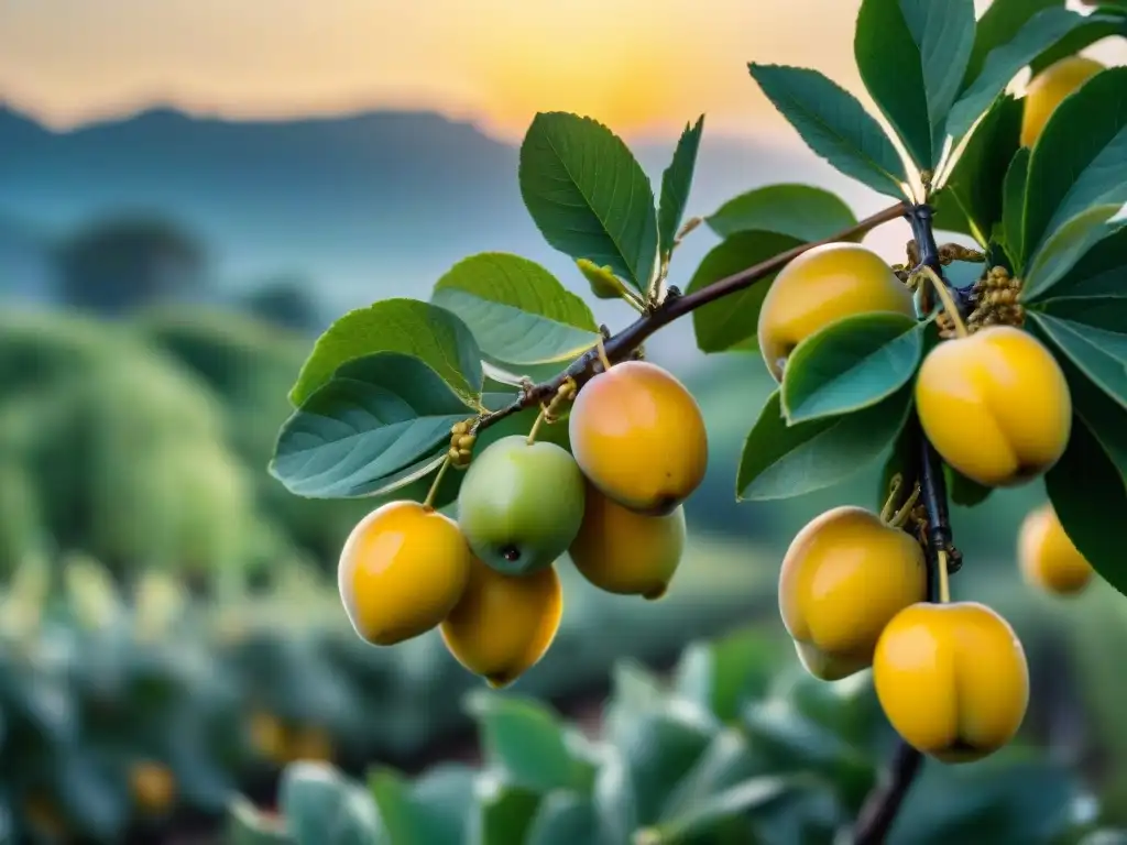 Un amanecer mágico en un huerto de Mirabelles de Lorraine auténticas delicias, con frutas amarillas brillantes y rocío matutino