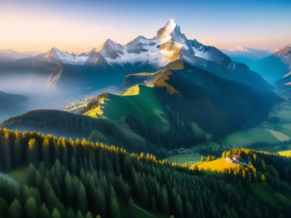 Un amanecer mágico sobre los Alpes con picos nevados y un pueblo alpino, ideal para recetas tradicionales de la cocina alpina