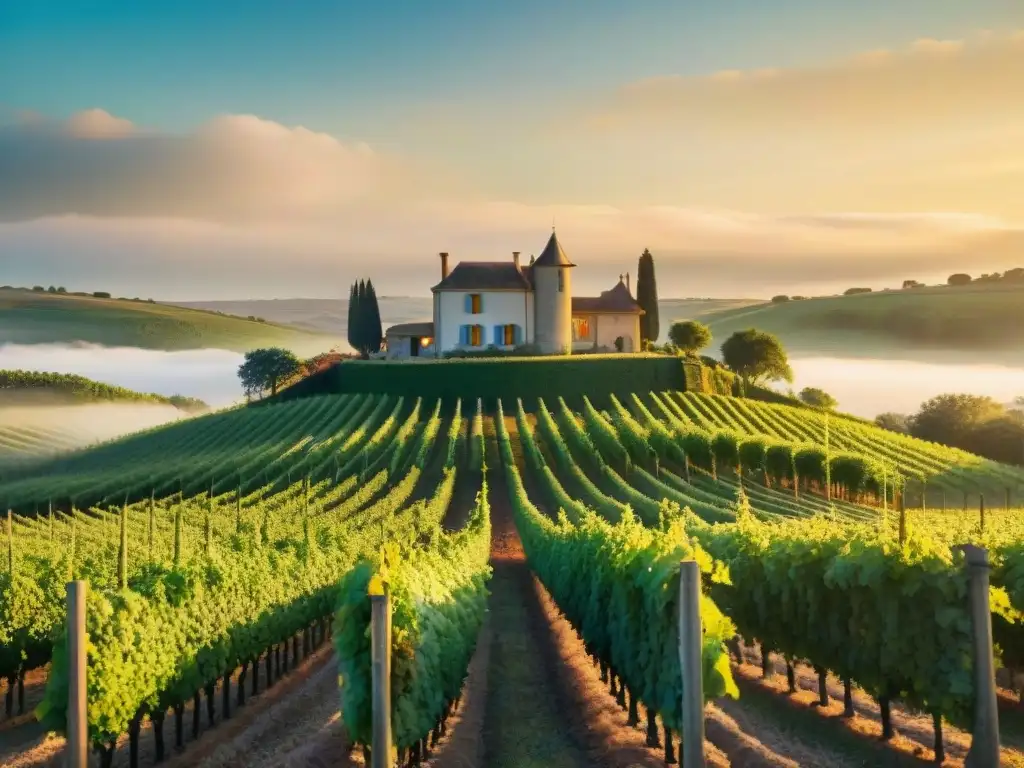 Un amanecer mágico en una prestigiosa bodega francesa, con viñedos verdes interminables