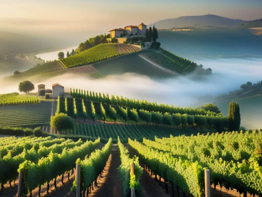 Un amanecer mágico en el Valle del Ródano: viñedos cubiertos de rocío, uvas maduras y el río Rhône envuelto en niebla