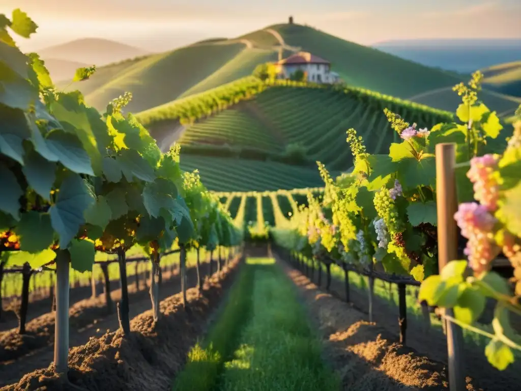 Un amanecer mágico en una viña biodinámica: vides verdes, flores silvestres, abejas y un agricultor cuidadoso