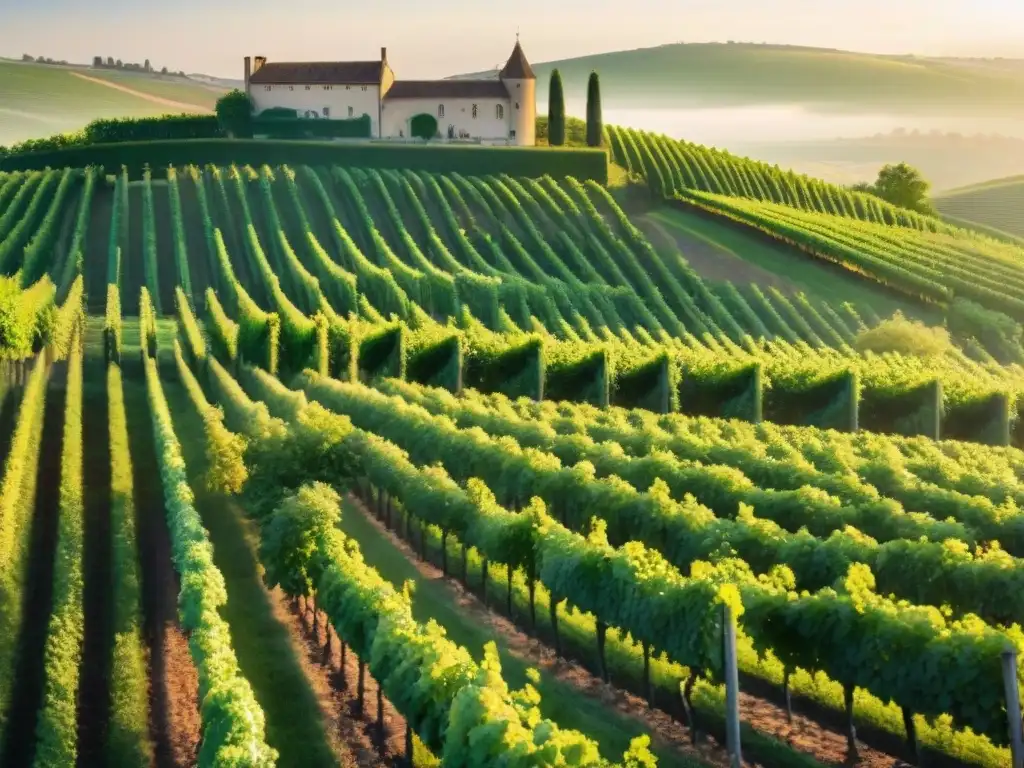 Un amanecer mágico en un viñedo sereno de la región de Champagne en Francia, ideal para un tour de bodegas y gastronomía francesa