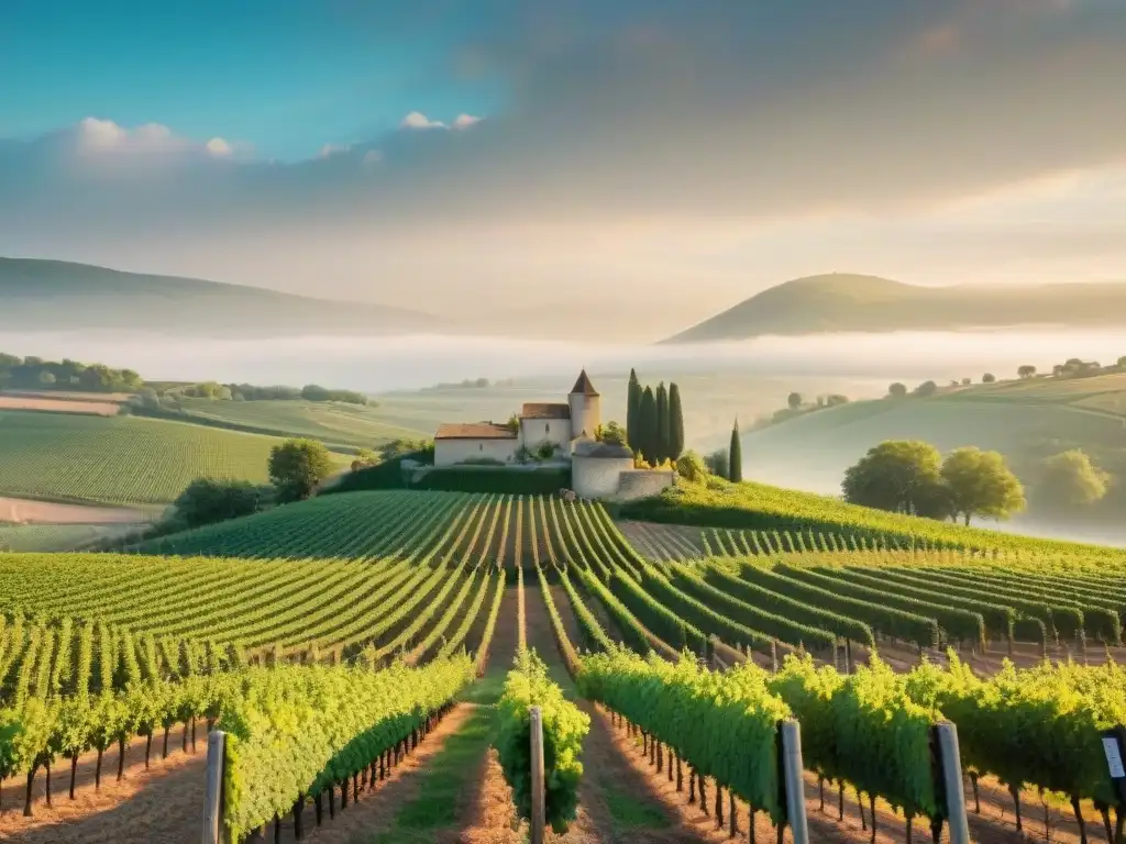 Un amanecer mágico en un viñedo francés tradicional, con vides verdes y trabajadores cuidando las uvas a mano