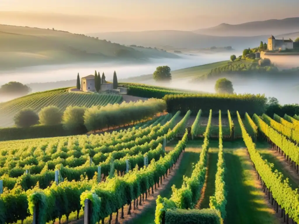 Un amanecer mágico en un viñedo francés, con viñedos verdes y una mansión de piedra