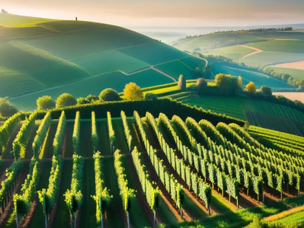 Un amanecer mágico entre los viñedos de Borgoña, Francia, donde los vinos franceses Pinot Noir cobran vida