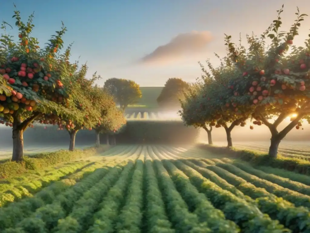 Un amanecer místico en un huerto de manzanas de Normandía, con árboles cargados de frutas