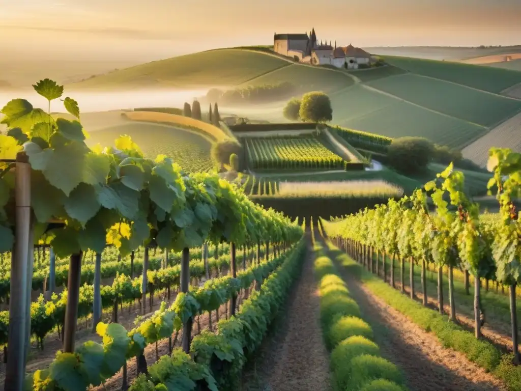 Amanecer místico en viñedo de la región de Champagne, Francia, con barril de vino