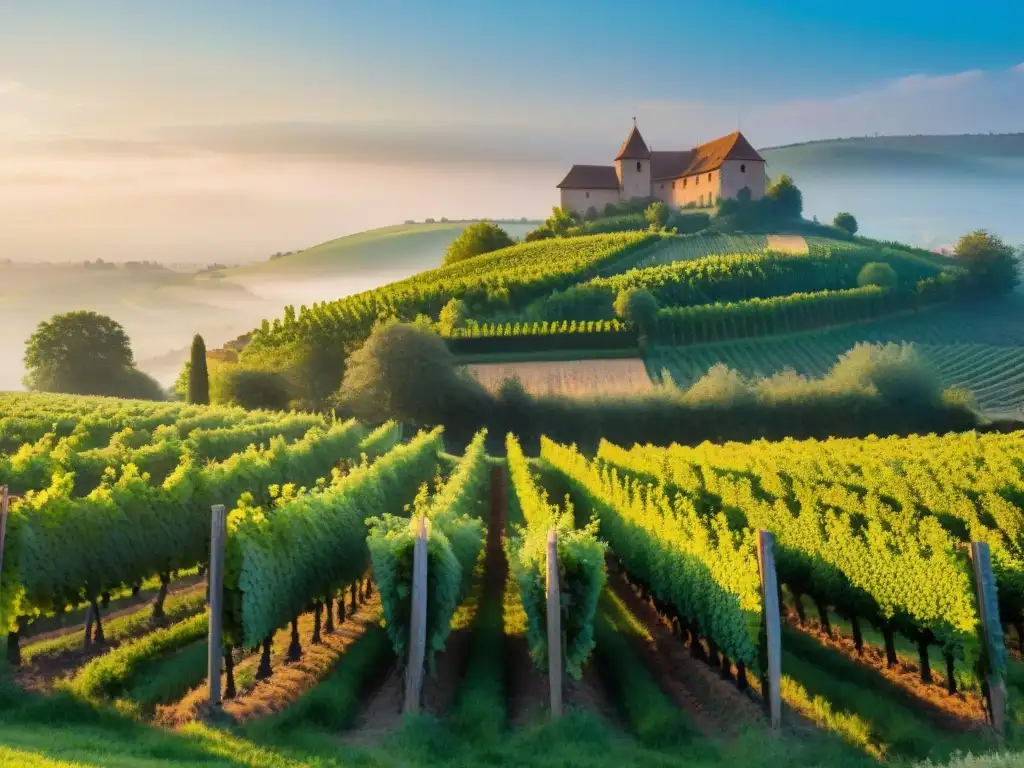 Viñedos de Alsacia al amanecer: paisaje místico y sereno Un amanecer místico en los viñedos de Alsacia con una bodega tradicional