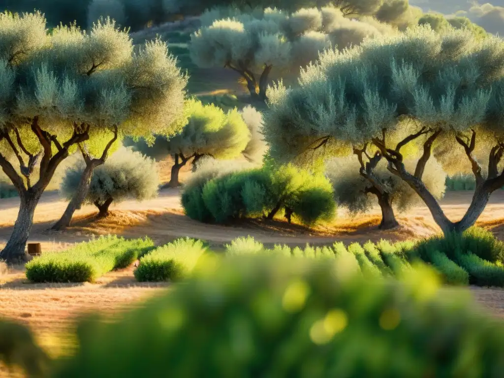 Un amanecer pintoresco en un olivar francés, con olivos cargados de frutos maduros y un granjero cosechando aceitunas