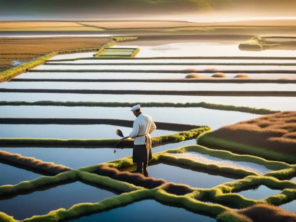 Un amanecer en las salinas de Guérande, con un chef inspeccionando la cosecha de sal