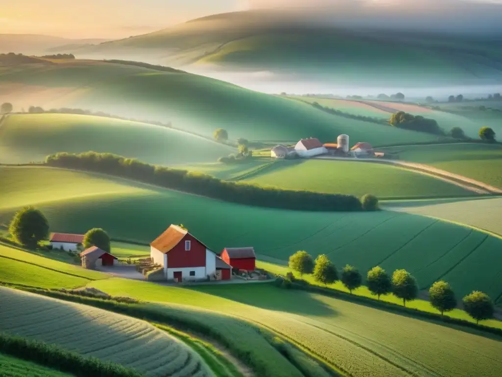 Un amanecer sereno en una bulliciosa granja láctea francesa, con vacas pastando y un granero rojo al fondo