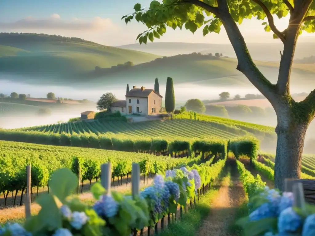 Un amanecer sereno en un viñedo francés con la casa de piedra, rodeada de flores silvestres y árboles antiguos