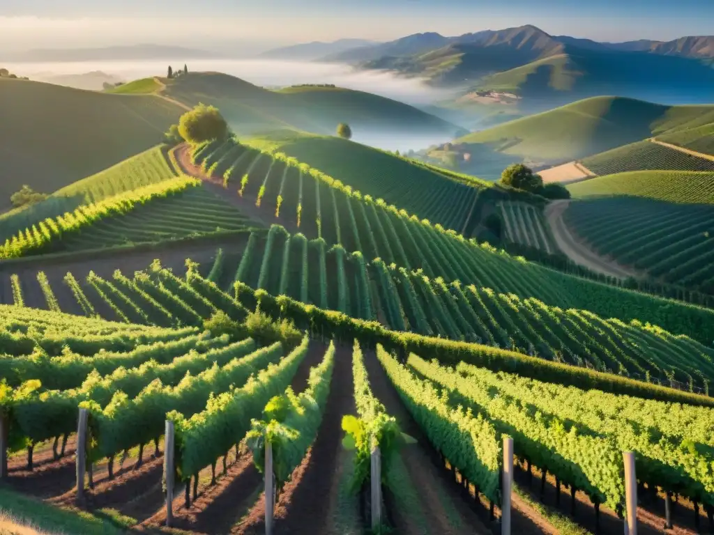 Un amanecer sereno en un viñedo orgánico y biodinámico, con viñedos verdes y montañas al fondo