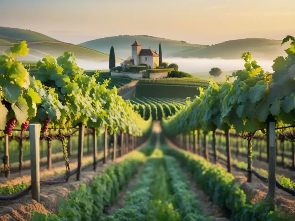 Un amanecer sereno en un viñedo francés rústico, con vides verdes y uvas maduras