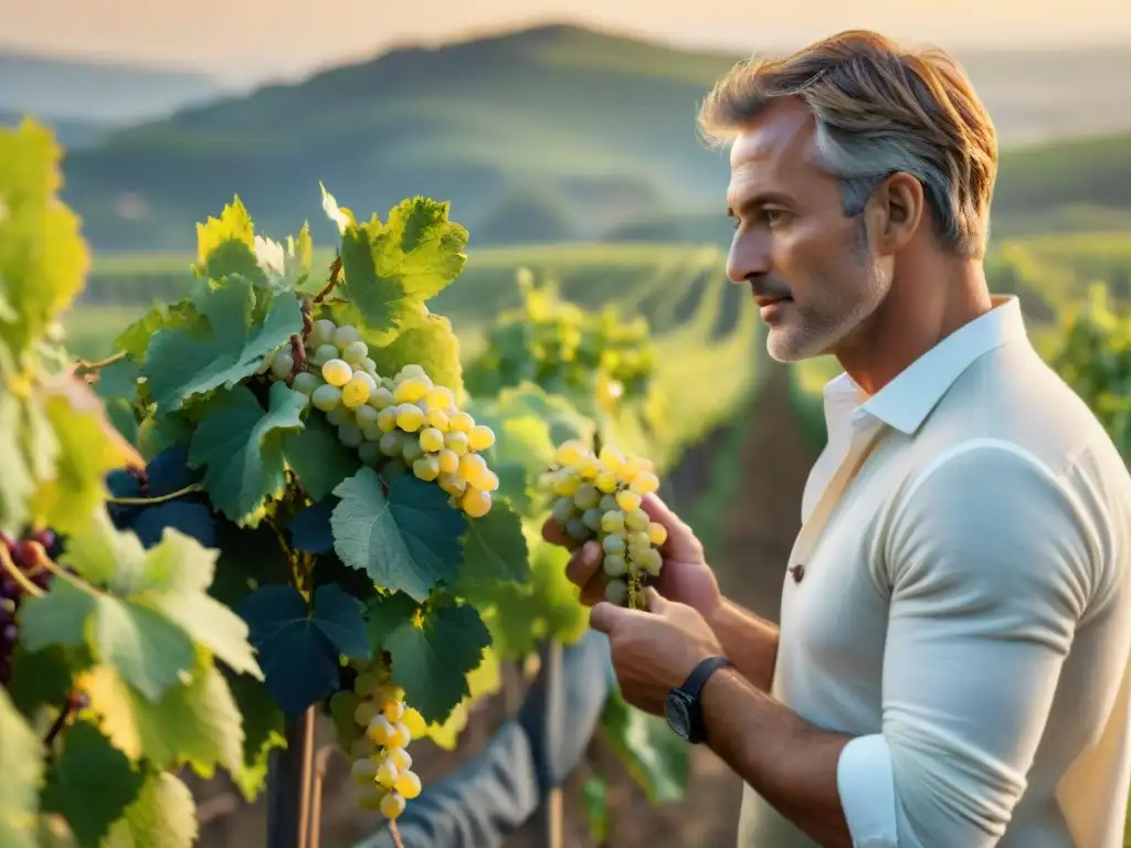 Un amanecer sereno en un viñedo francés, donde un vinicultor inspecciona uvas Chardonnay bajo la cálida luz dorada