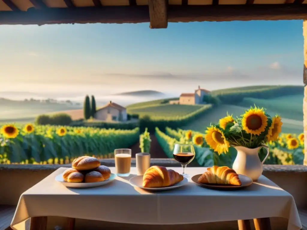 Un amanecer tranquilo en la campiña francesa con croissants, café y girasoles