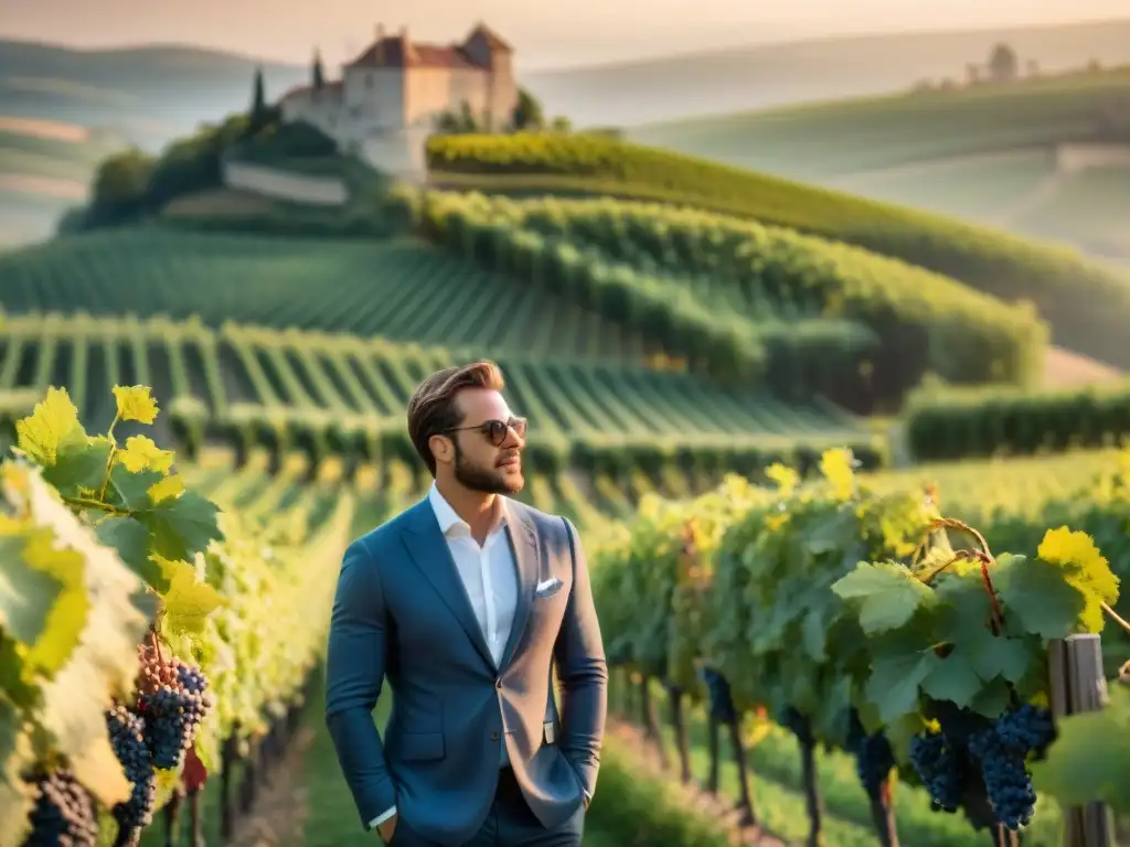 Un amanecer tranquilo en un viñedo francés con sommeliers en una degustación