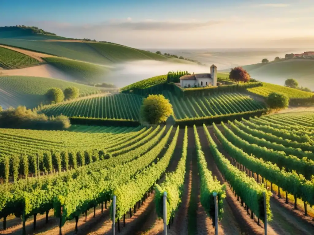 Un amanecer tranquilo en un viñedo francés, con viñedos verdes bañados por la luz dorada del sol