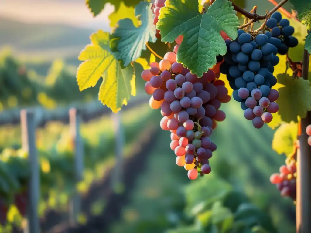 Un amanecer en la vendimia de uvas rosadas para Champagne Rosé delicado sabor color