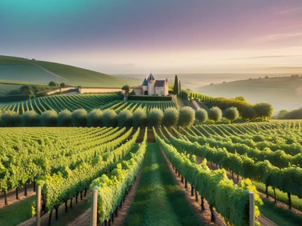 Un amanecer en un viñedo champenois, donde los trabajadores cuidan las uvas, simbolizando la historia de vinos franceses innovadores