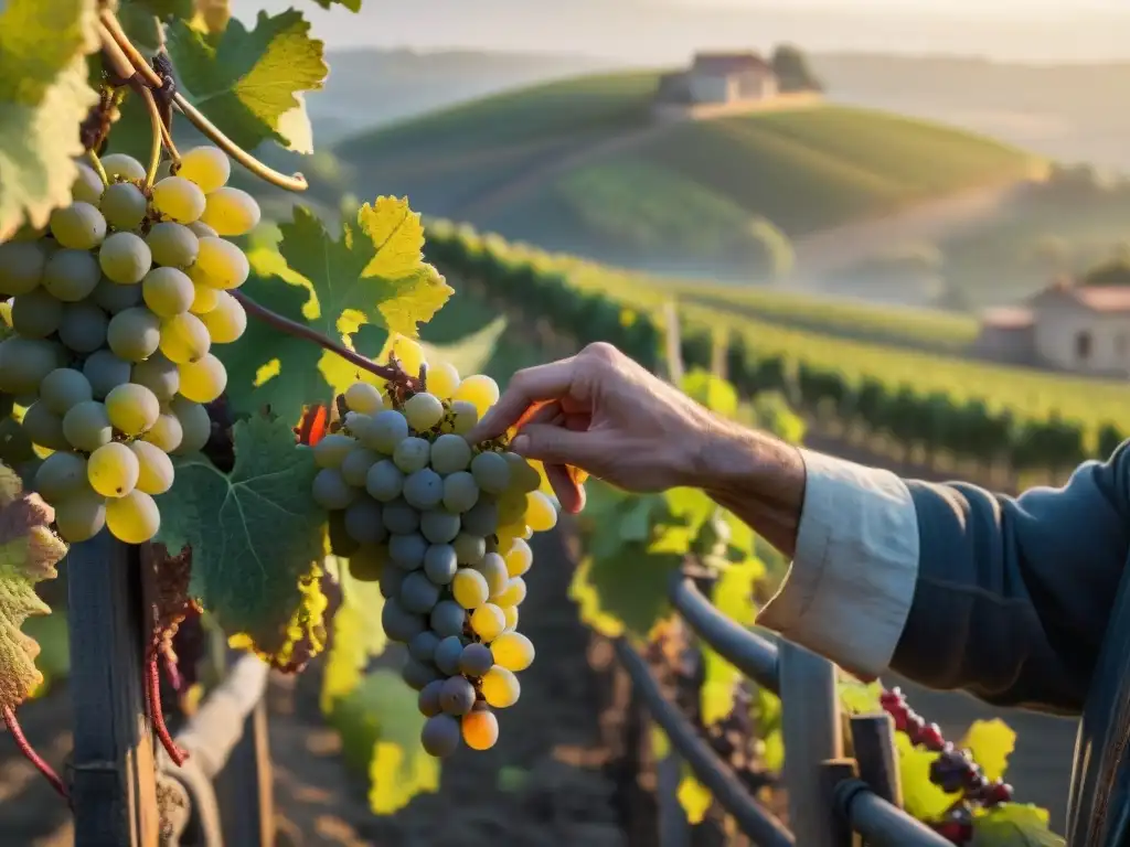 Un amanecer en un viñedo de Burdeos: manos seleccionando uvas en la neblina