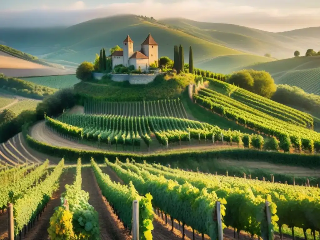 Un amanecer en un viñedo francés con vides exuberantes y un château de piedra, perfecto para vinos biodinámicos en la gastronomía francesa