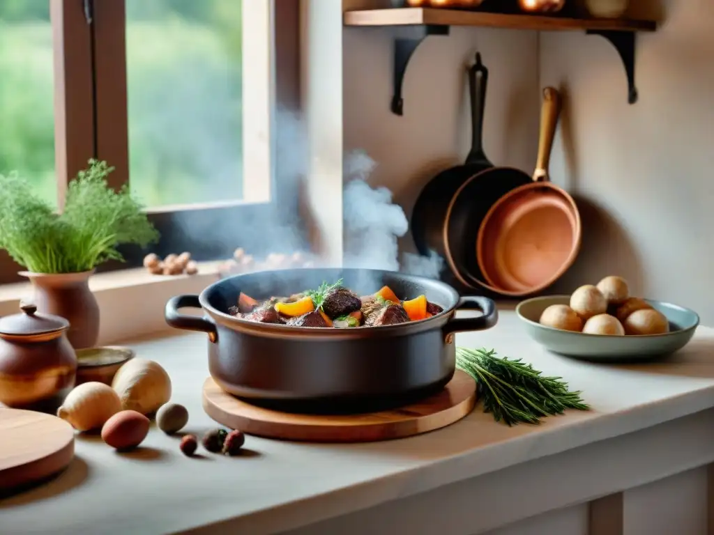 Un ambiente acogedor de cocina francesa tradicional con una cocotte de hierro fundido mostrando un delicioso coq au vin receta tradicional