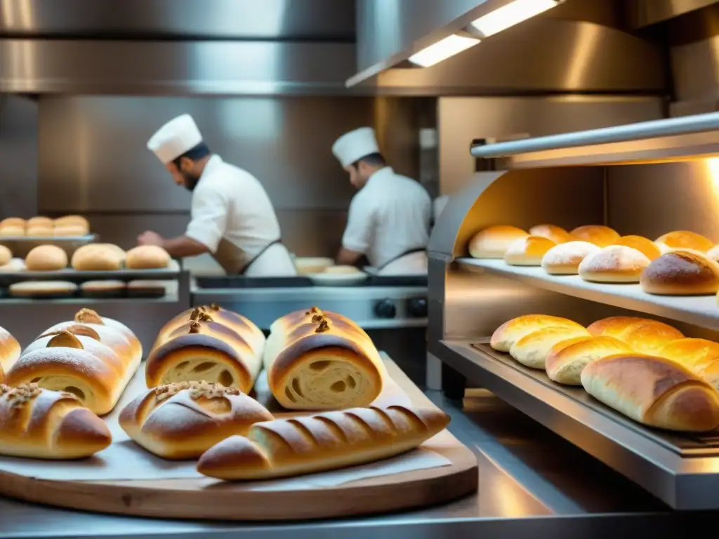 Un ambiente acogedor en una panadería francesa con influencia árabe, donde panaderos elaboran baguettes y pan árabe