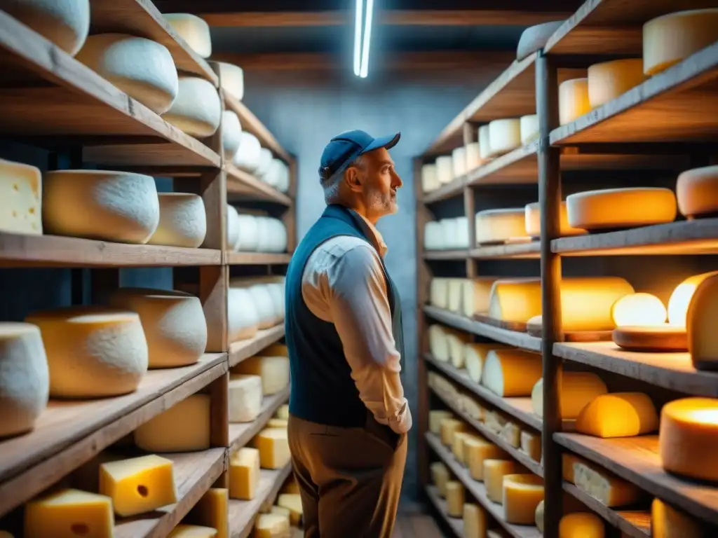 Un ambiente cálido y rústico en una bodega de queso francés tradicional con expertos queseros inspeccionando las ruedas de queso