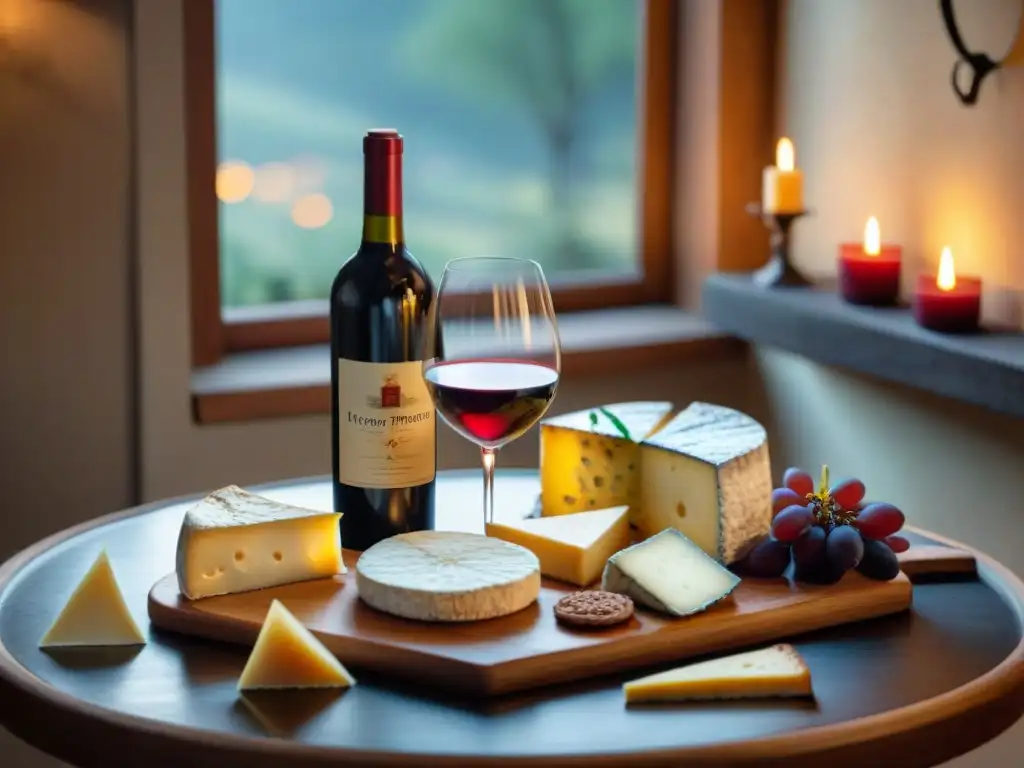 Un ambiente cálido y sofisticado en un bistró francés con maridaje de vinos y quesos, ideal para una cena elegante