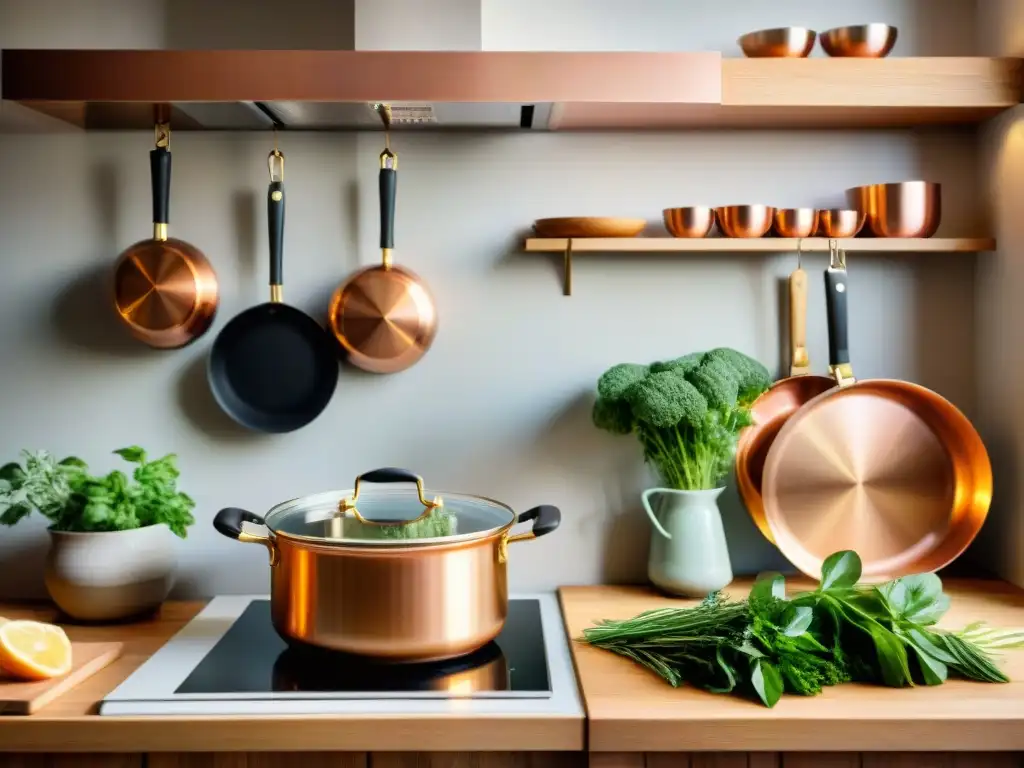 Un ambiente de cocina francesa: Utensilios de cobre, hierbas frescas y cuchillo en corte, reflejan el origen alta cocina francesa