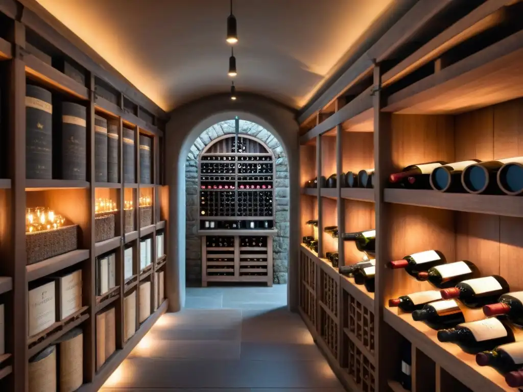 Ambiente íntimo en bodega francesa con barriles de vino tinto, libros antiguos y luz de velas