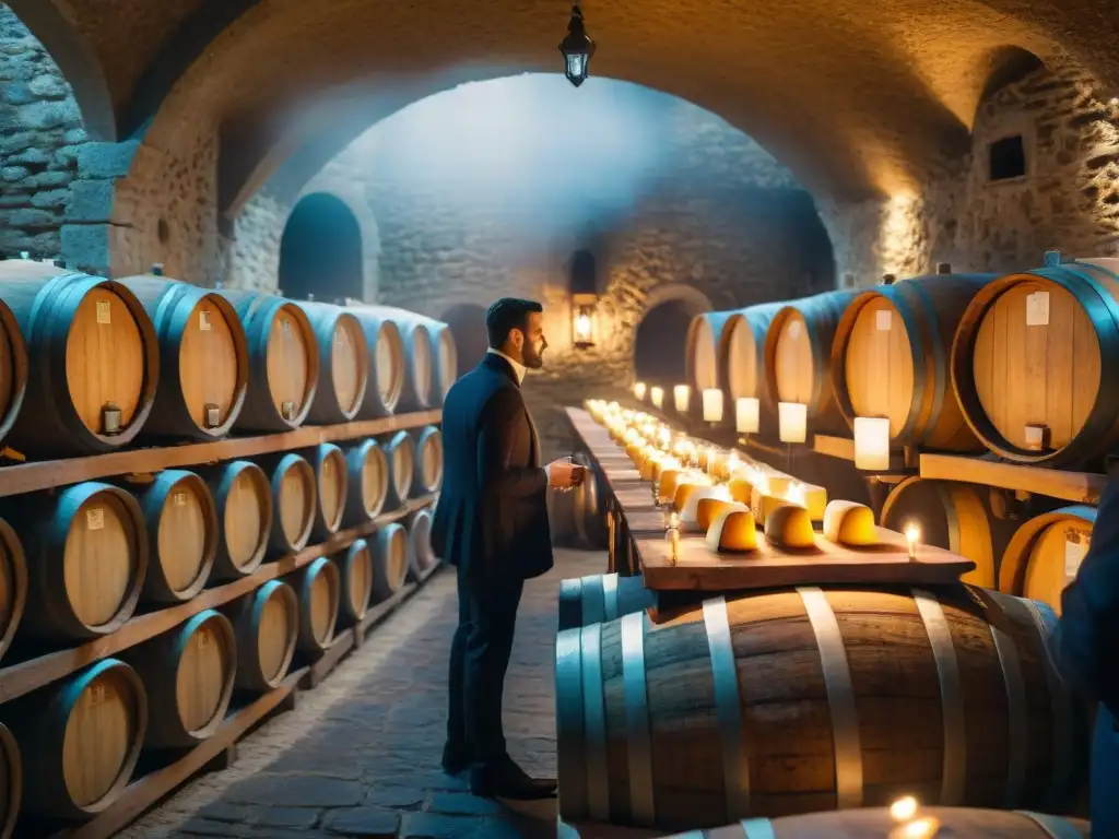 Un ambiente íntimo y cálido en una bodega subterránea en Francia con barriles de vino, quesos artesanales y copas de vino