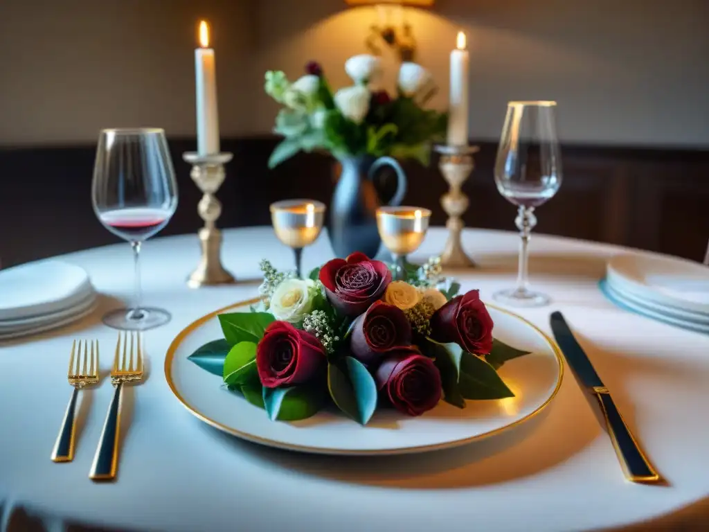 Ambiente lujoso de una cena francesa con armonización de vinos, decoración exquisita y elegante