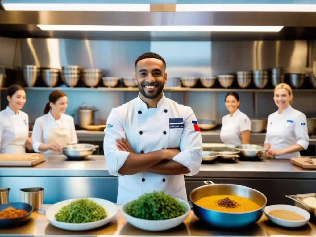 Un ambiente multicultural y colaborativo en una bulliciosa escuela culinaria francesa, reflejando la globalización gastronómica